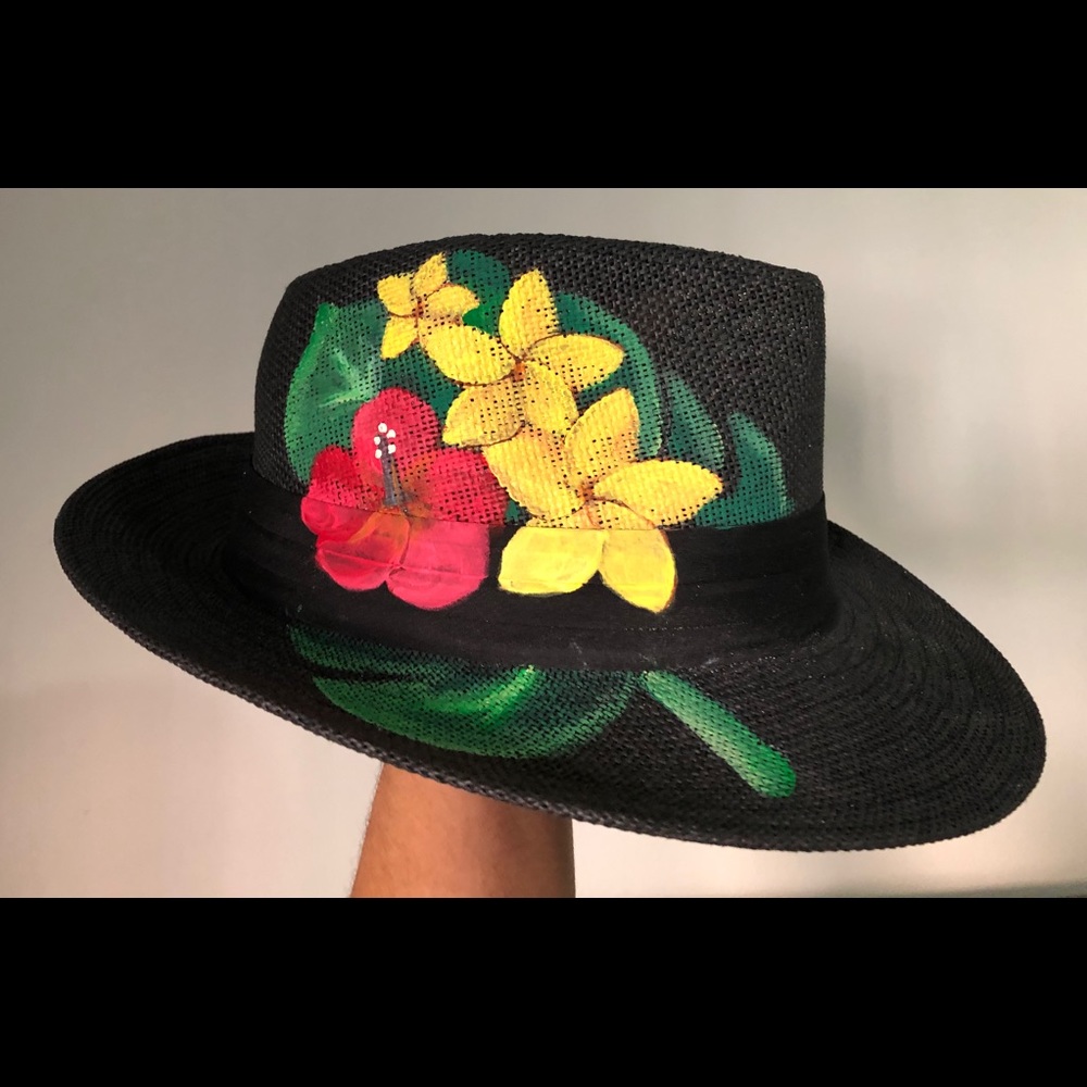 Panama Hat - Hand Painted Tropical Flowers